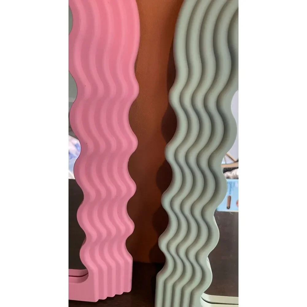 2 Wavy Mirrors Pink & Sage Green | Whimsical Decor | Retro Funky Wall hanging